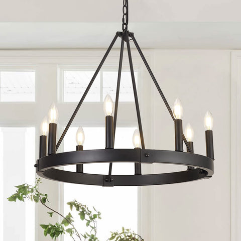 Alolvios 8-light wagon wheel chandelier over dining table adds warm ambience