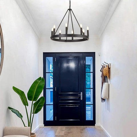 Alolvios black wagon wheel chandelier in living room creates modern vintage focal