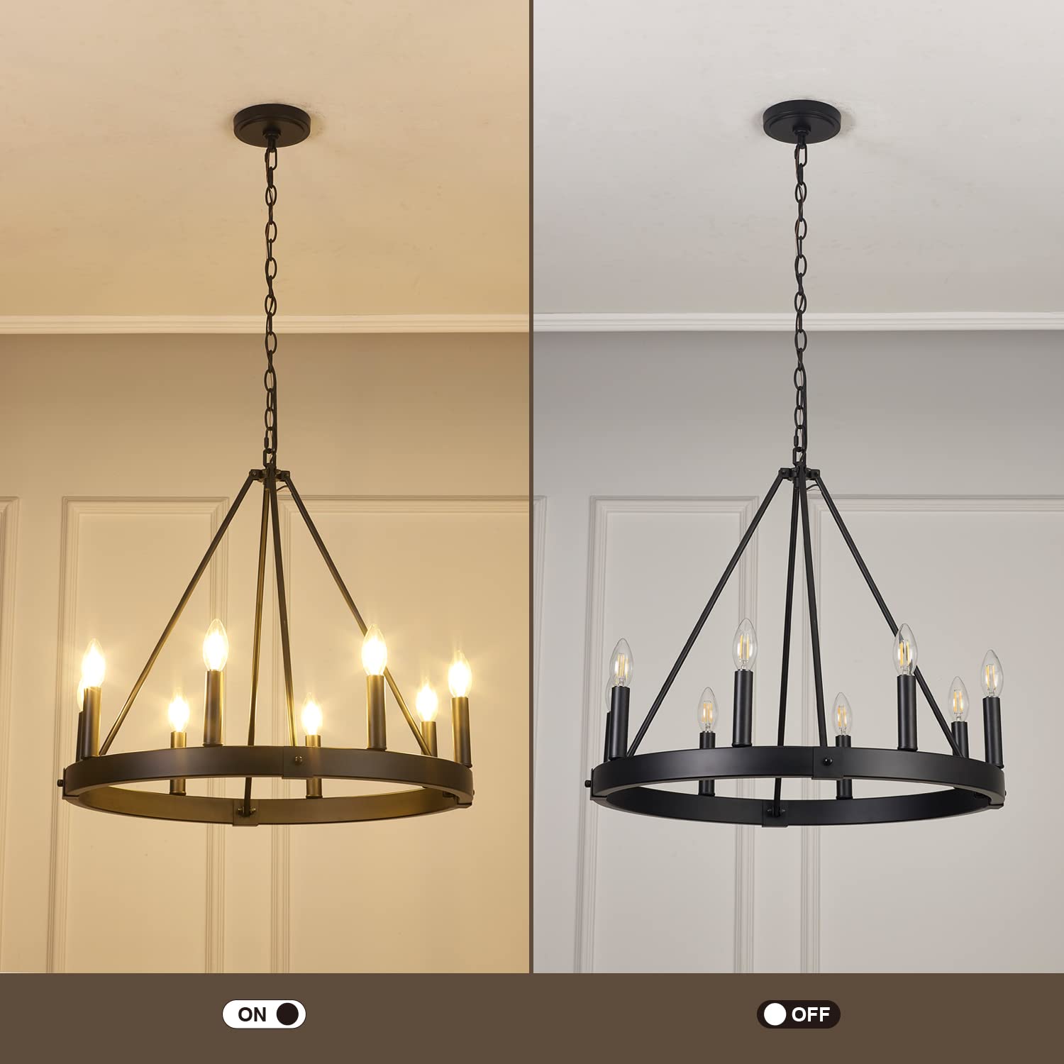Alolvios wagon wheel chandelier over kitchen island with E12 bulbs
