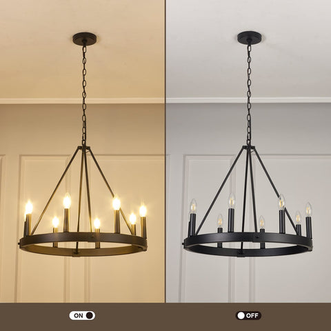 Alolvios wagon wheel chandelier over kitchen island with E12 bulbs