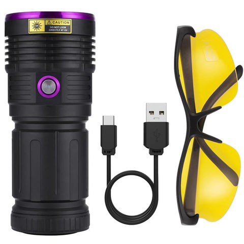 ALONEFIRE SV84 UV flashlight includes UV protective glasses for safer viewing