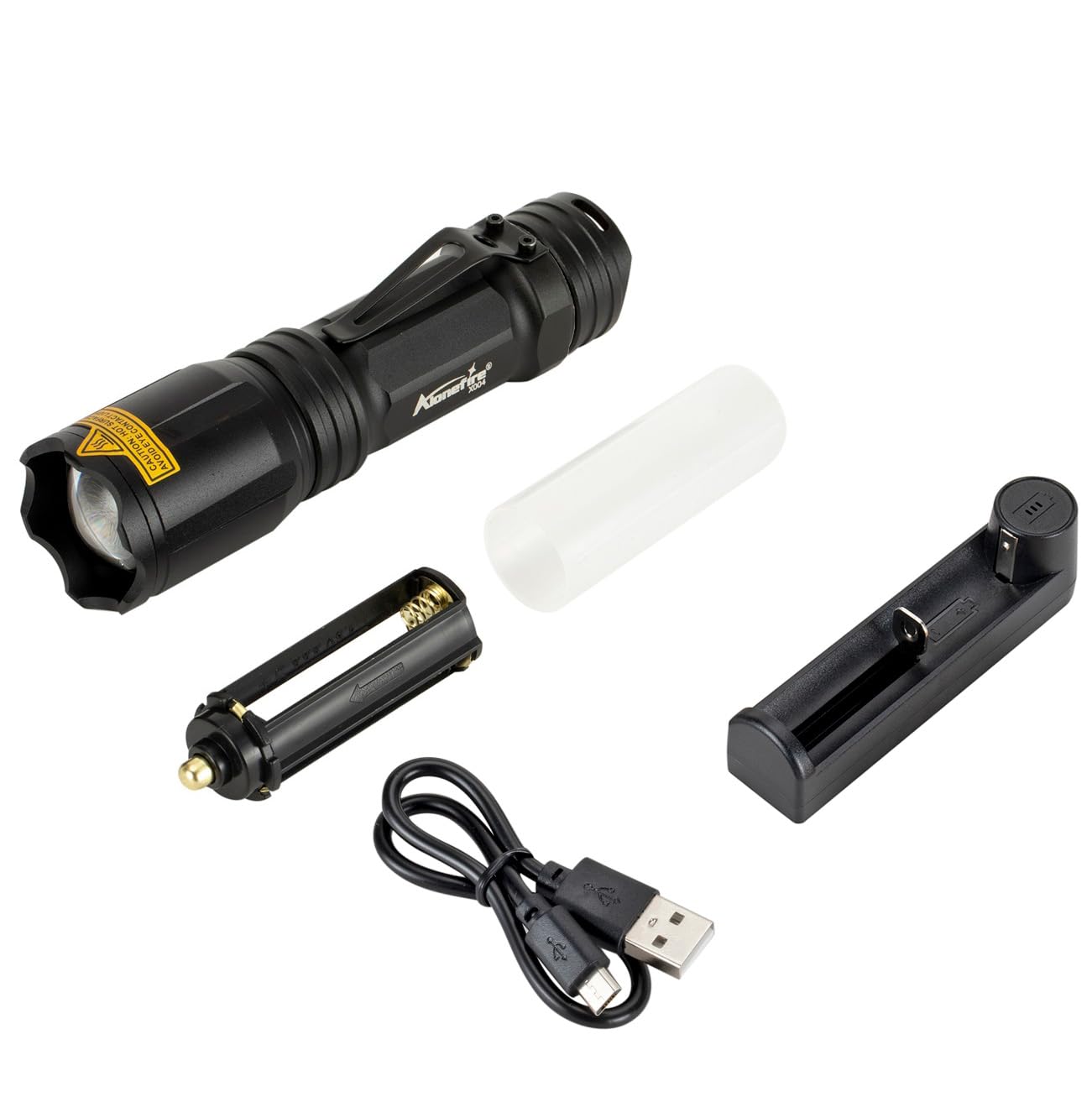 ALONEFIRE X004 USB rechargeable with included charger for convenient power.