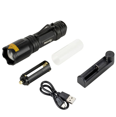 ALONEFIRE X004 USB rechargeable with included charger for convenient power.