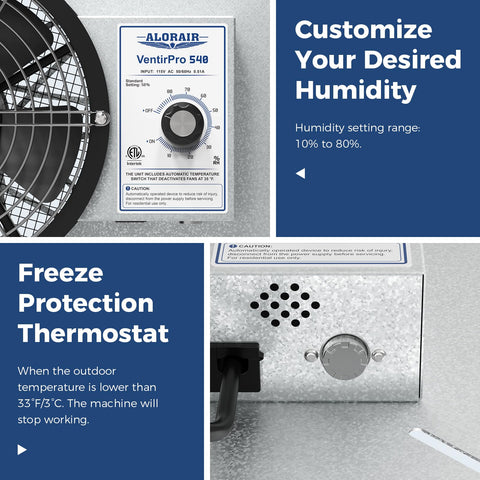 ALORAIR 540 CFM thermostat and dehumidistat enable auto humidity control.