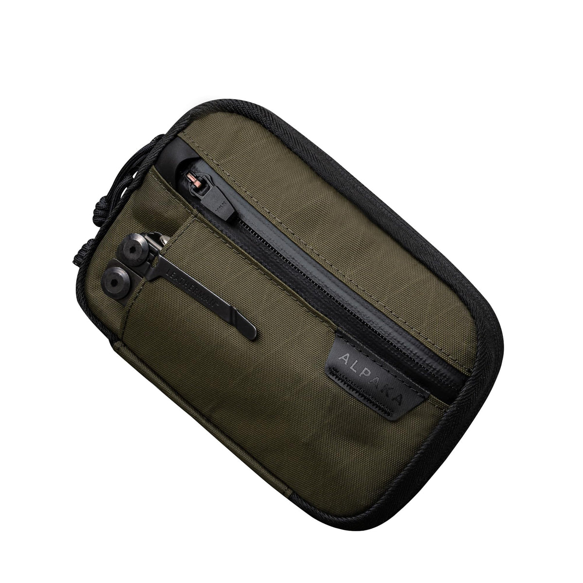 ALPAKA Admin Pouch Pro olive green front view with weatherproof fabric for daily carry.