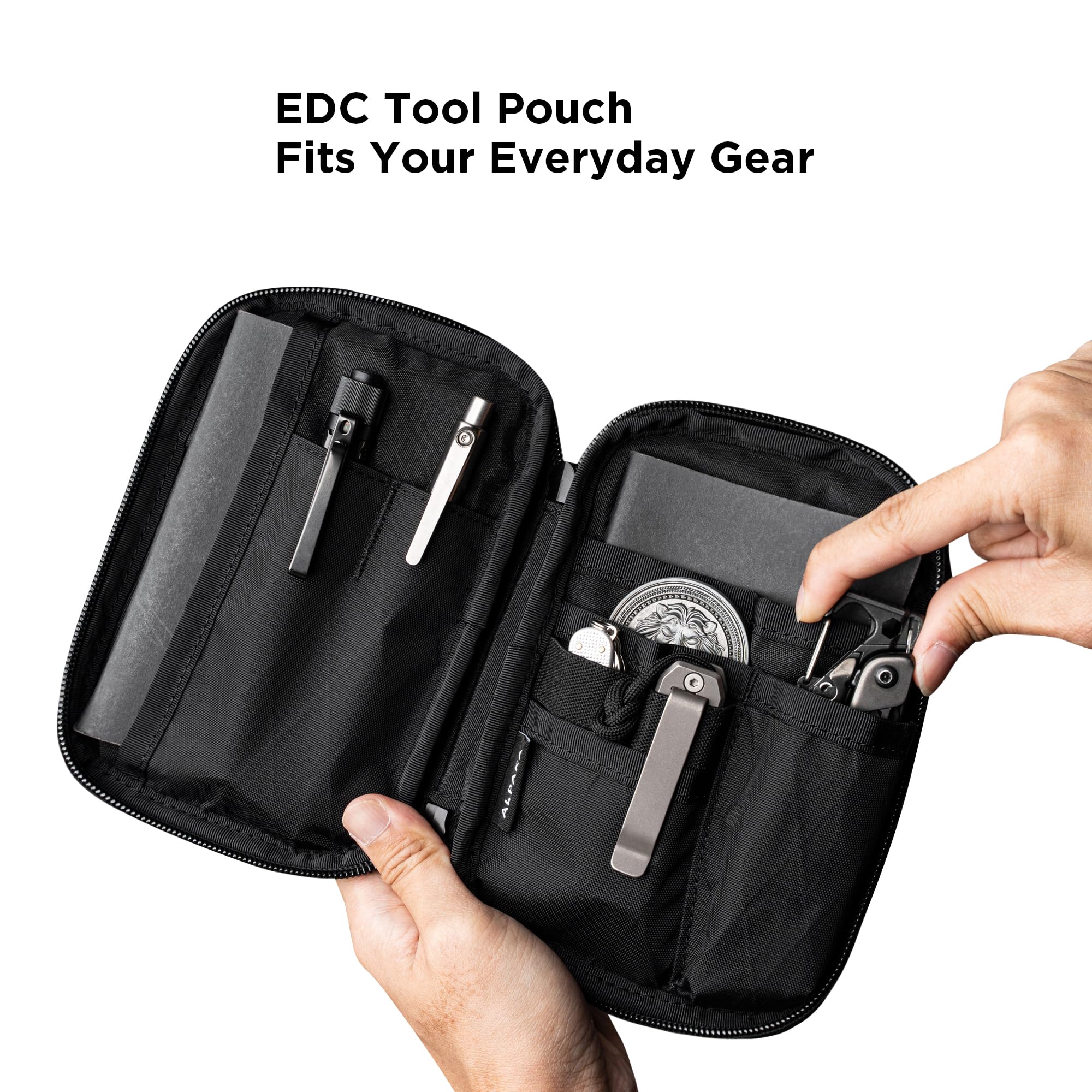 ALPAKA Admin Pouch Pro side pocket layout highlighting organized interior for cables and adapters