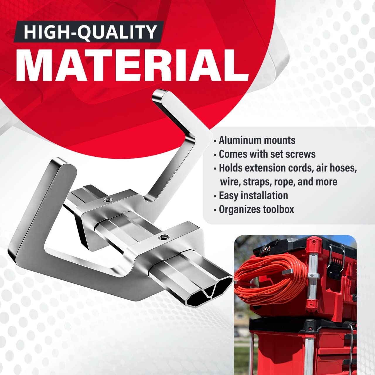 Alpha Engineered Packout Extension Cord Holder, side view, demonstrating flexible mounting options.