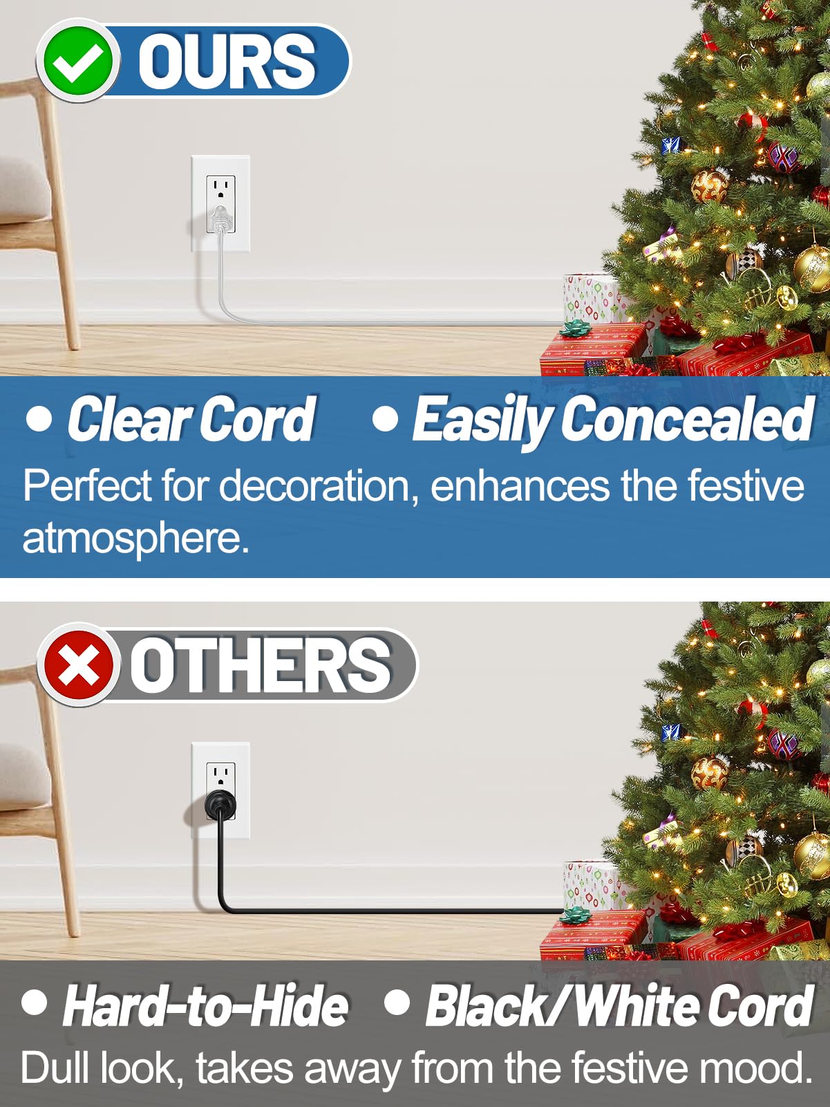 Alphatool invisible extension cord suitable for 6 ft setups with holiday lights.
