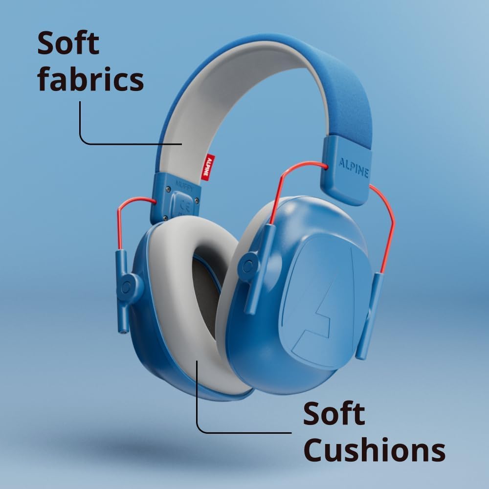Soft blue earcups of Alpine Muffy Kids offering comfortable sensory-friendly cushioning.