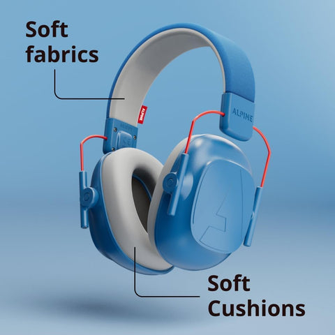 Soft blue earcups of Alpine Muffy Kids offering comfortable sensory-friendly cushioning.