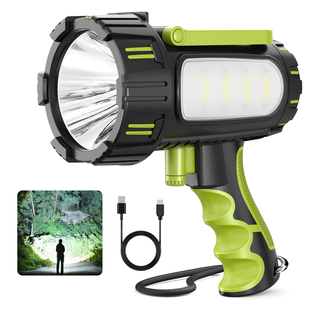 AlpsWolf rechargeable flashlight spotlight provides long-range illumination for camping and emergencies.