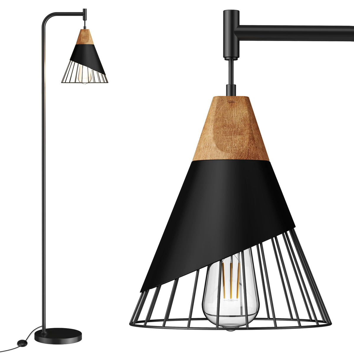 Alrryo 67-inch floor lamp with wood shade for warm reading light.