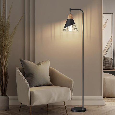 Alrryo floor lamp with black metal shade for rustic-modern ambiance.