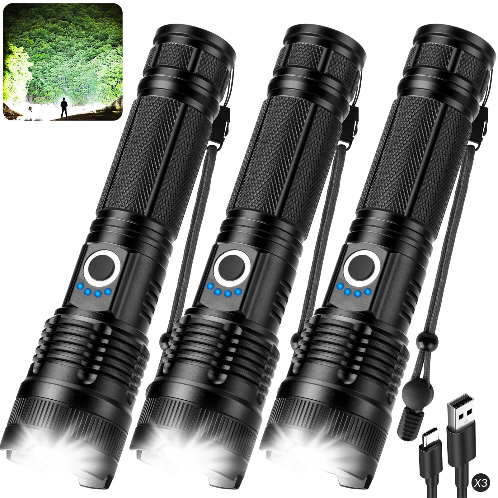 ALSTU 3-Pack Rechargeable Flashlight front view for reliable home and outdoor lighting.