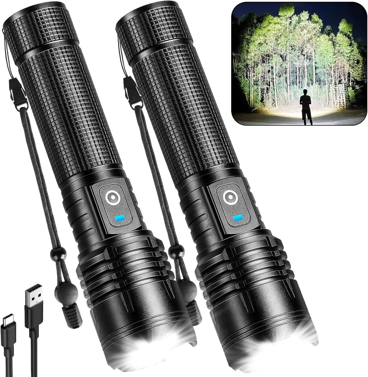 ALSTU flashlight front view shows a powerful beam for outdoor visibility.