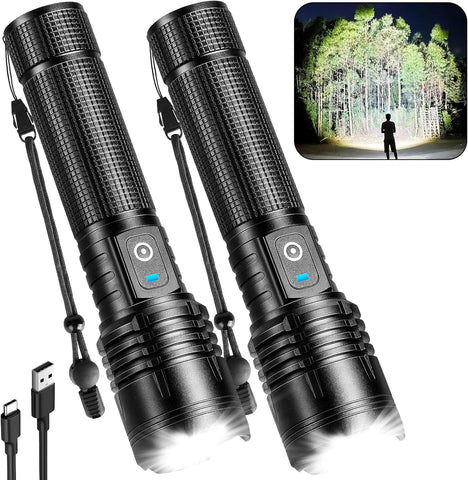 ALSTU flashlight front view shows a powerful beam for outdoor visibility.