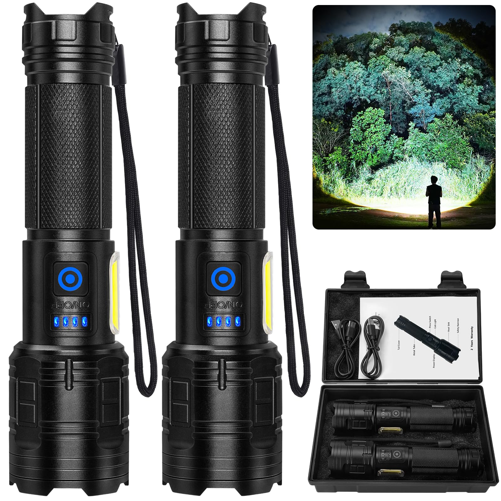 ALSTU rechargeable flashlights front view in a two-pack for home and outdoor use