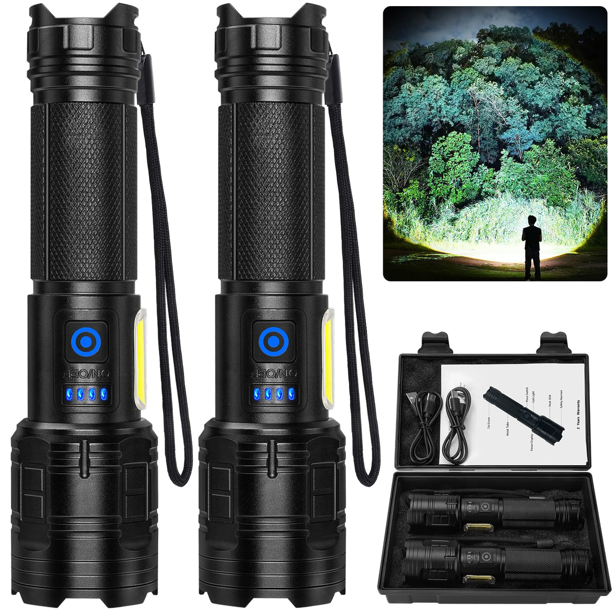 ALSTU rechargeable flashlights front view in a two-pack for home and outdoor use