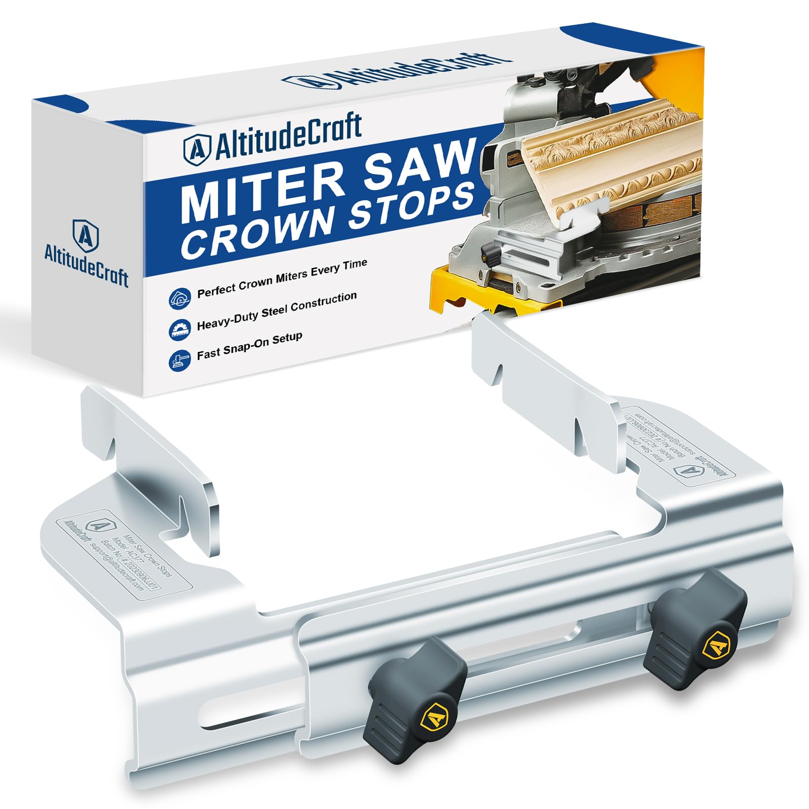 AltitudeCraft Crown Stops on a miter saw enabling precise 45° crown cuts.
