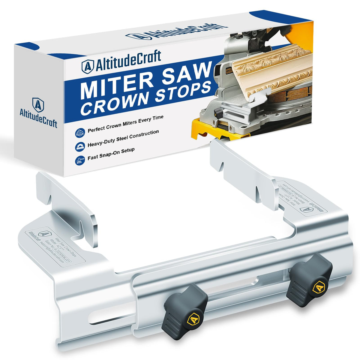 AltitudeCraft Crown Stops on a miter saw enabling precise 45° crown cuts.