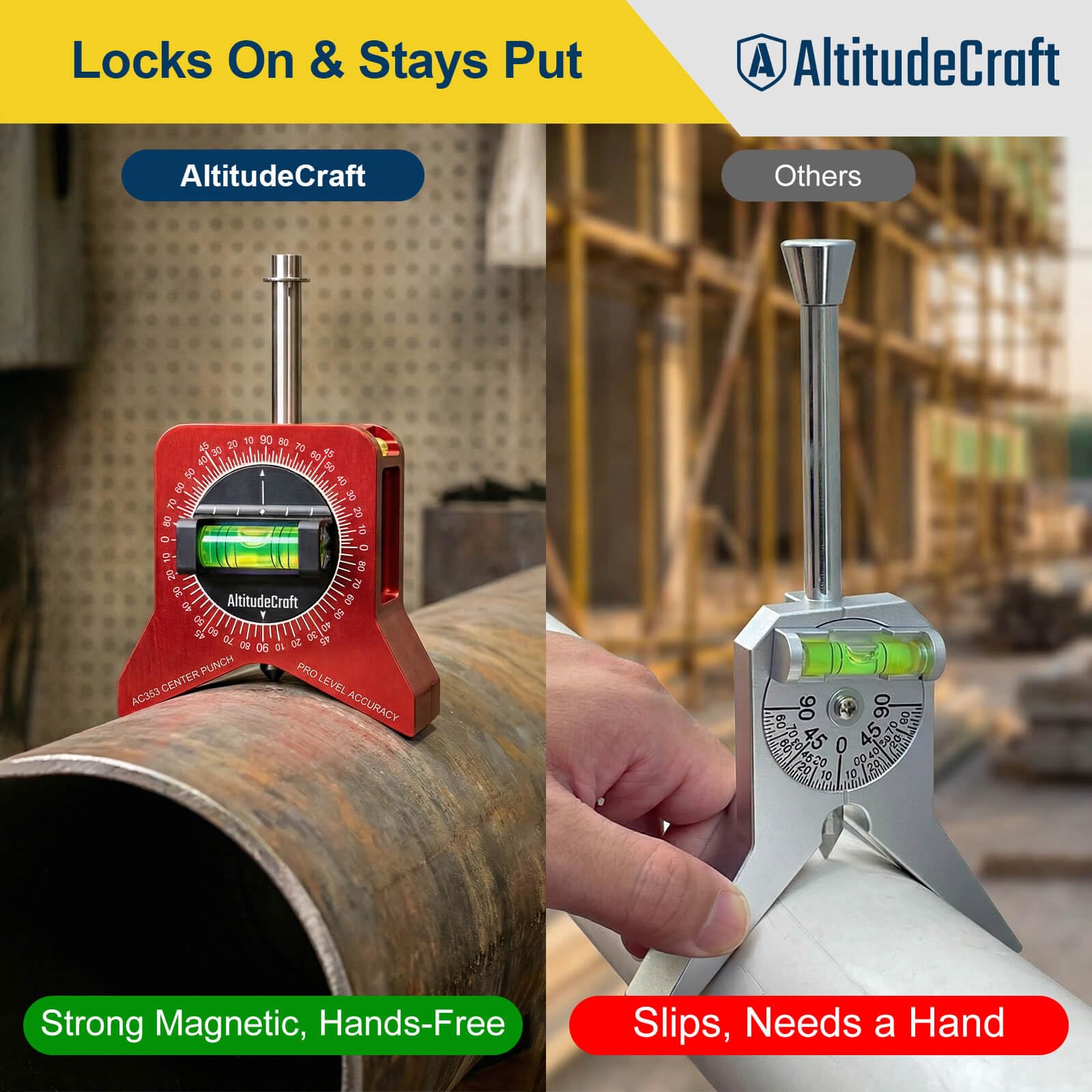 AltitudeCraft magnets provide hands-free hold during overhead pipe fitting work
