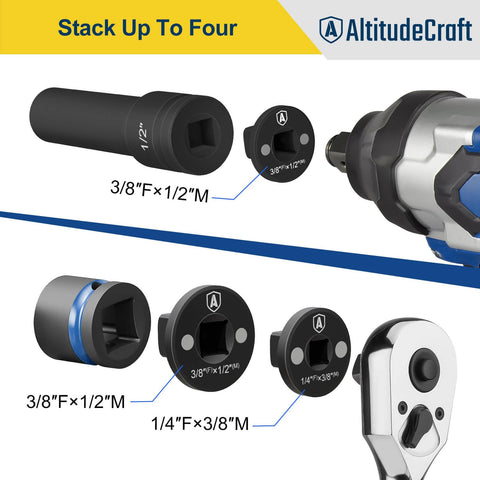 AltitudeCraft low-profile adapter 1-2 to 3-4 supports secure tool connections in tight gaps.