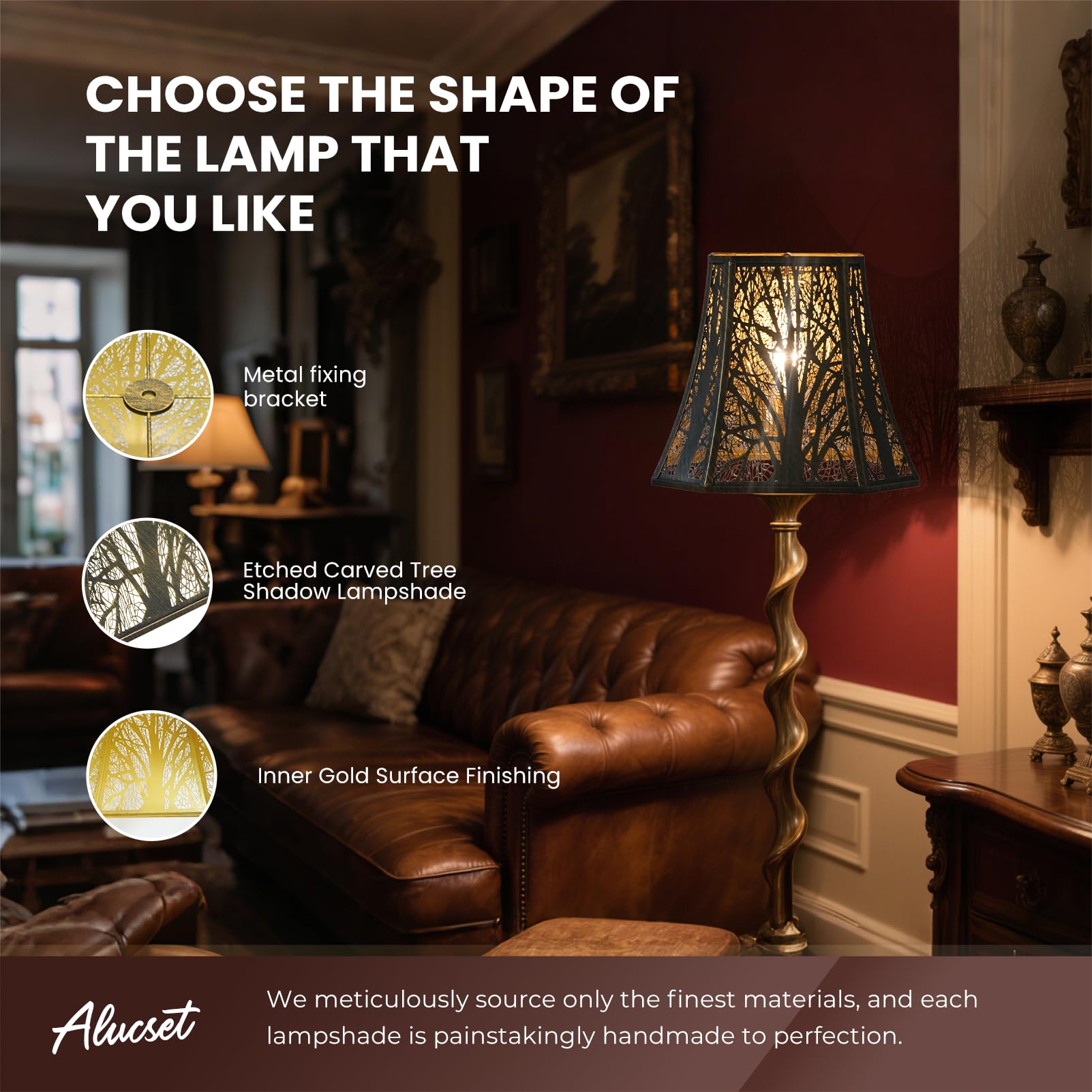 ALUCSET bronze-gold forest lampshade highlights etched pattern for warm ambience.