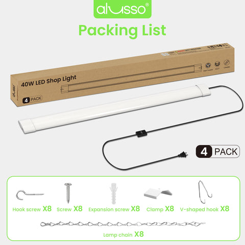 ALUSSO 4-pack in a garage setup with cords and hooks