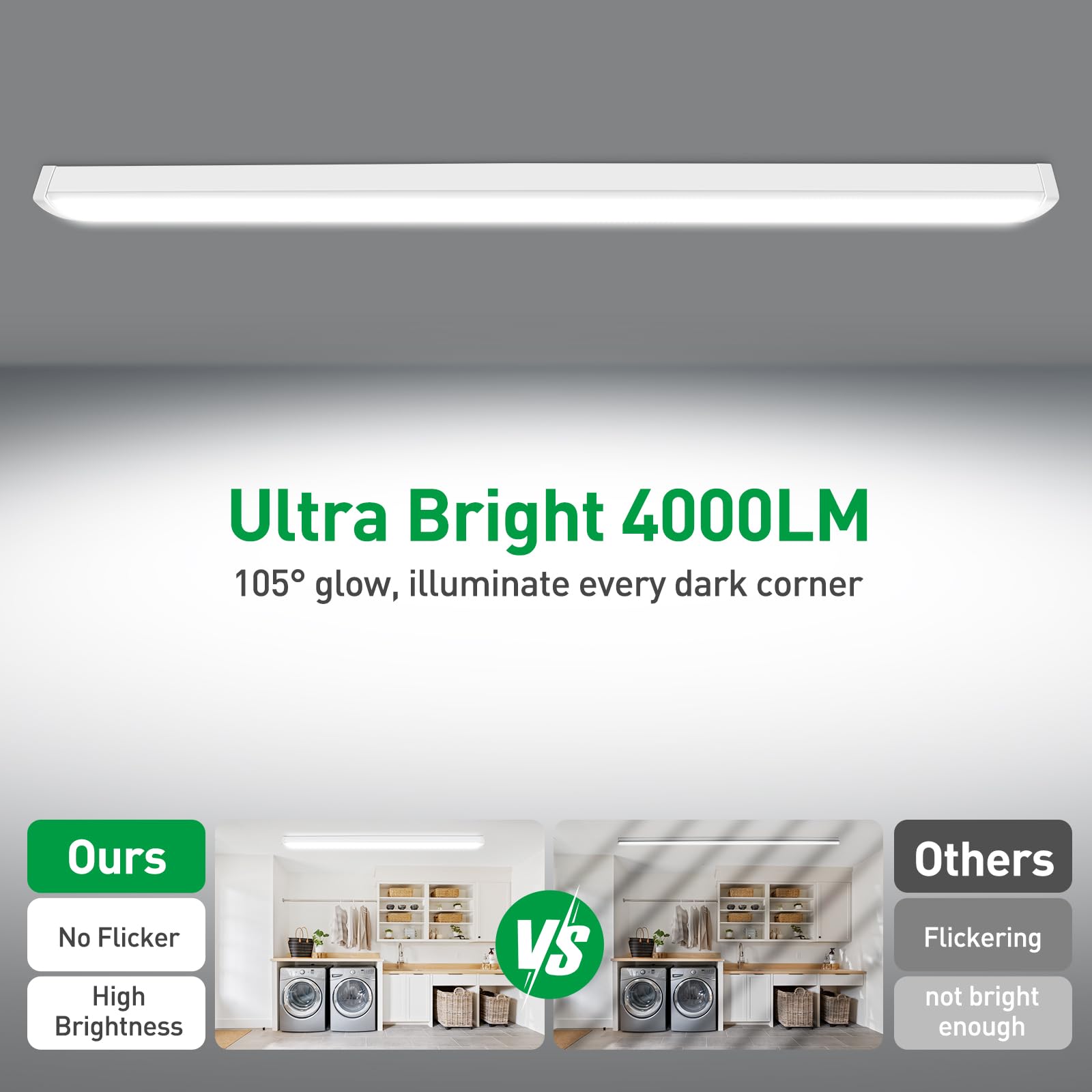 ALUSSO damp-rated light is suitable for kitchens, garages, and laundry spaces.