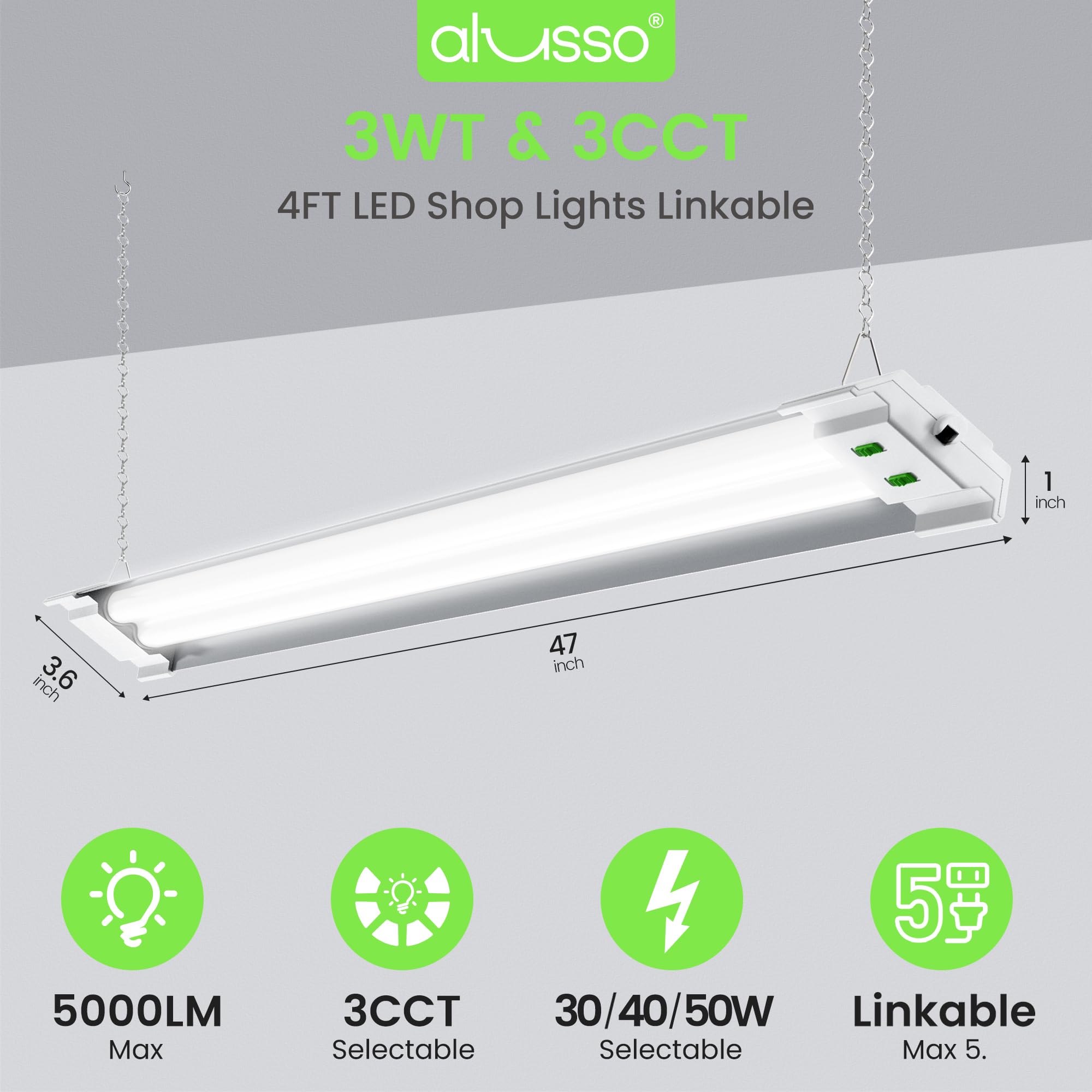 ALUSSO LED Shop Light daisy-chain setup shows scalable ceiling lighting across spaces