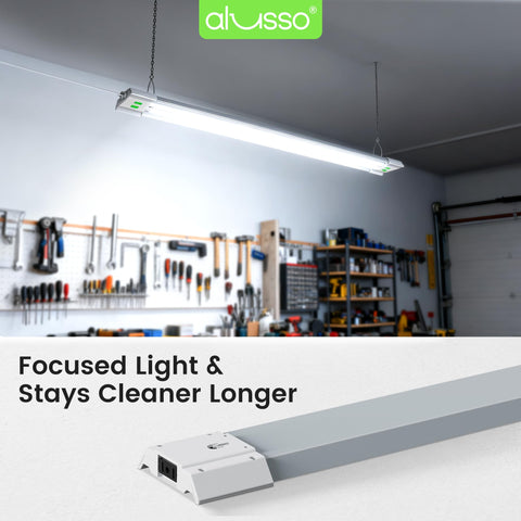 ALUSSO LED Shop Light hanging-install view shows suspended mounting flexibility