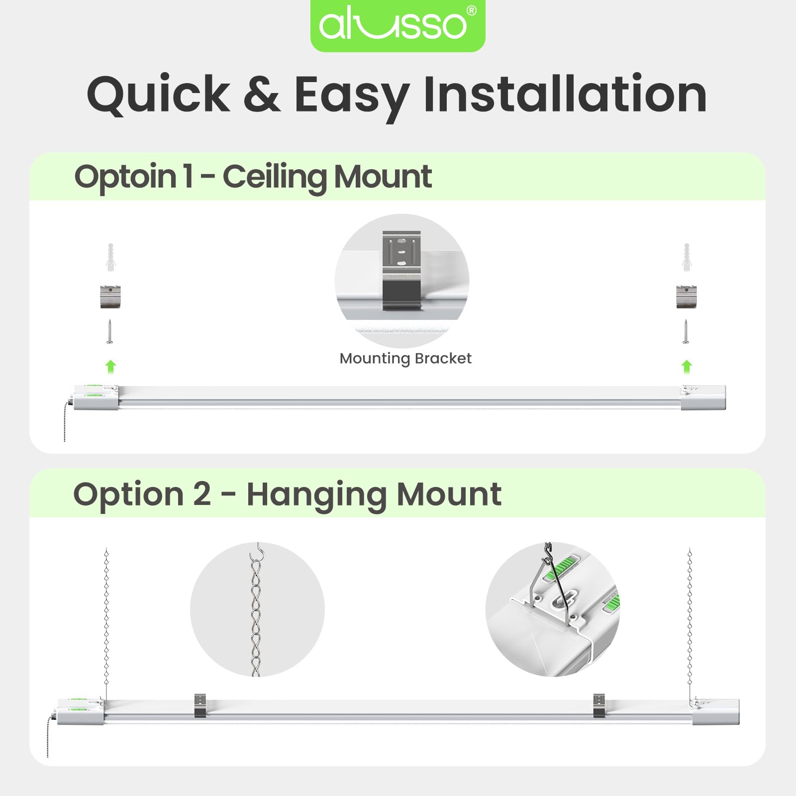 ALUSSO two-pack ready-to-install shop lights for immediate brightness