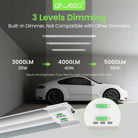 ALUSSO LED Shop Light wattage-selector highlights brightness options for efficiency