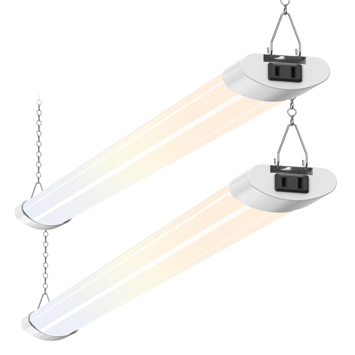 ALUSSO LED shop lights 4ft brighten garage workspace for better visibility.
