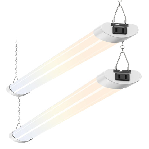 ALUSSO LED shop lights 4ft brighten garage workspace for better visibility.