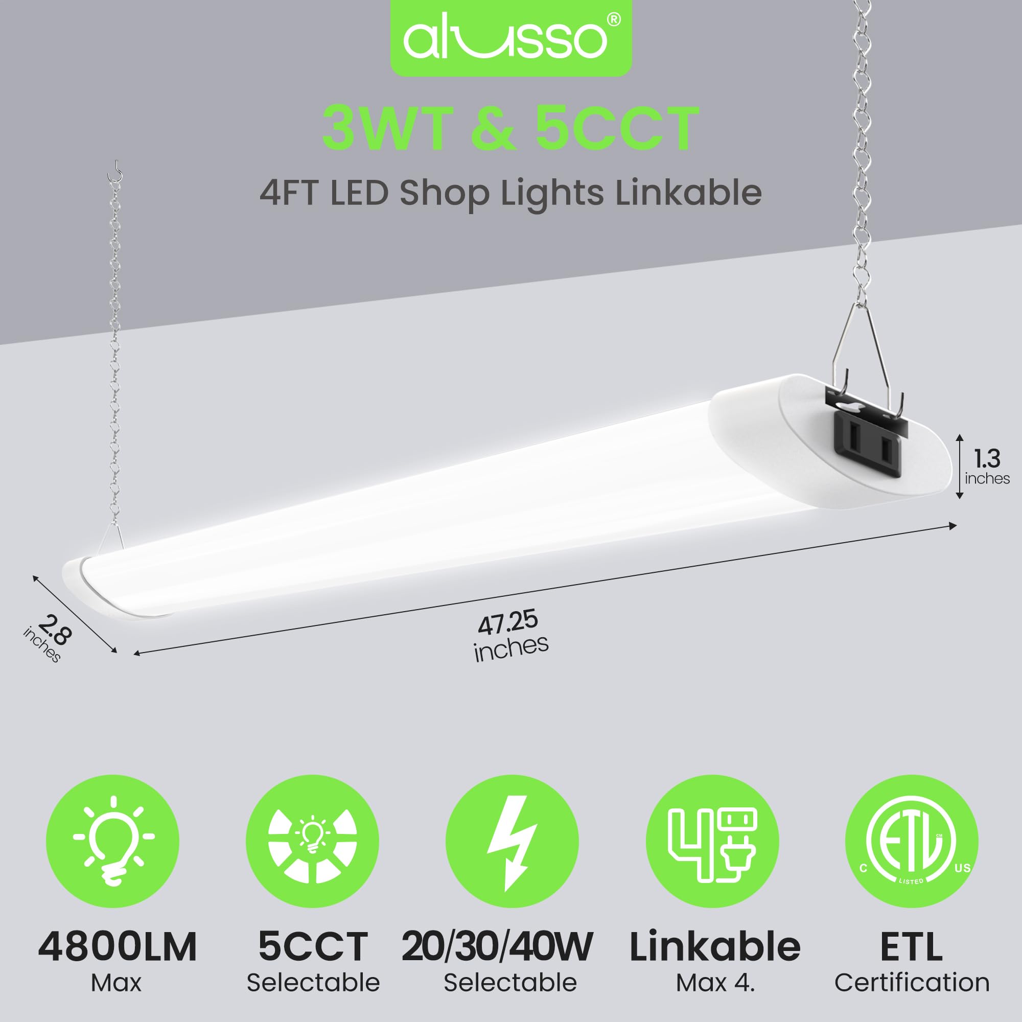 ALUSSO LED shop lights color temperature range for adjustable ambience in workshops.