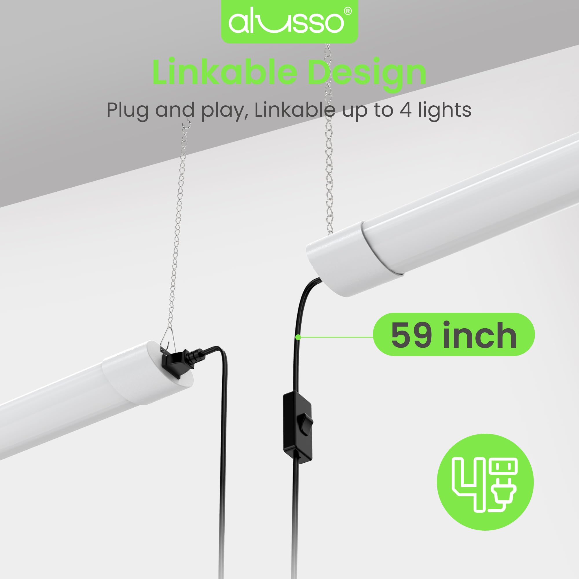 ALUSSO LED shop lights complete kit with mounting hardware included for easy setup.