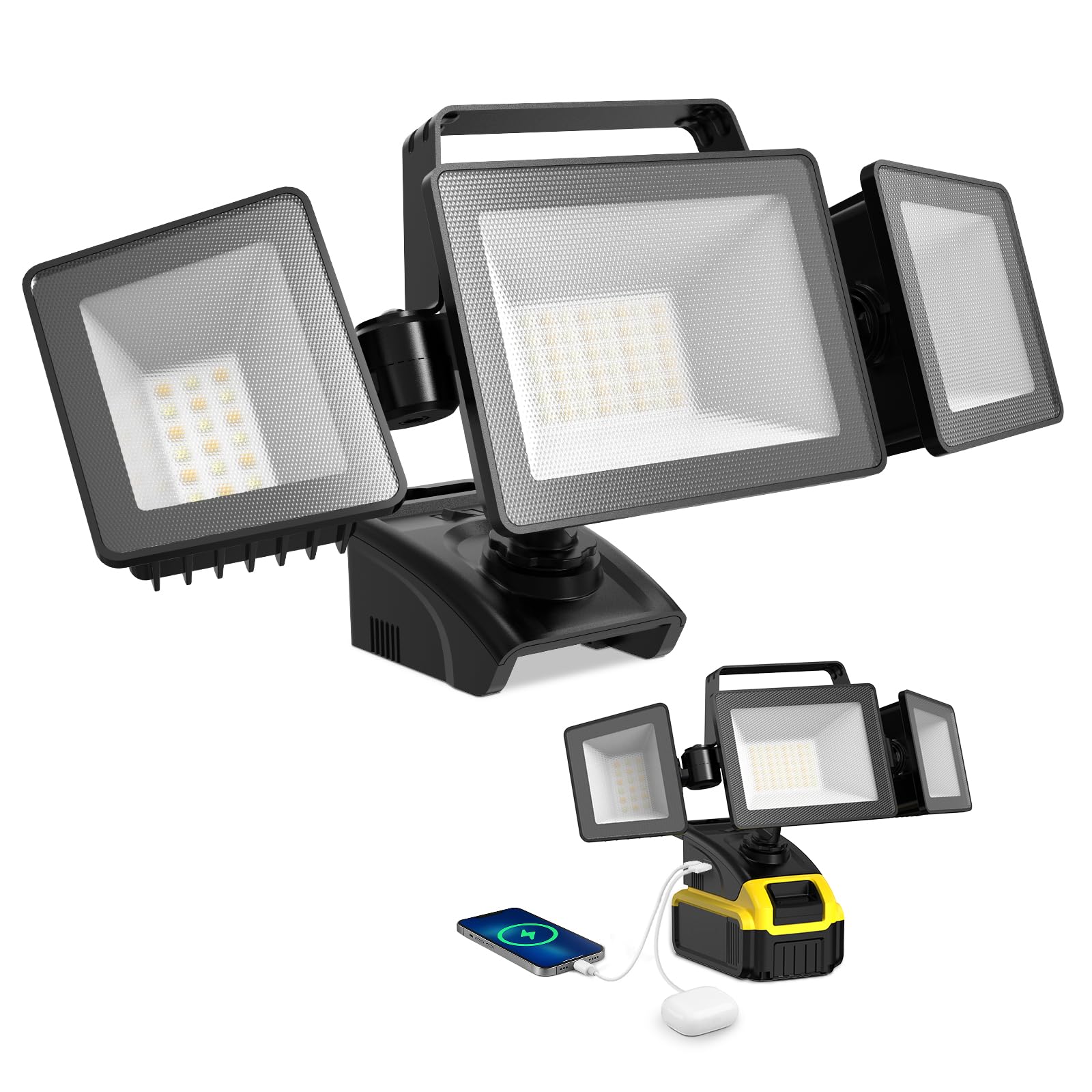 ALUSSO LED work light shown with DeWALT 20V compatibility for cordless operation.