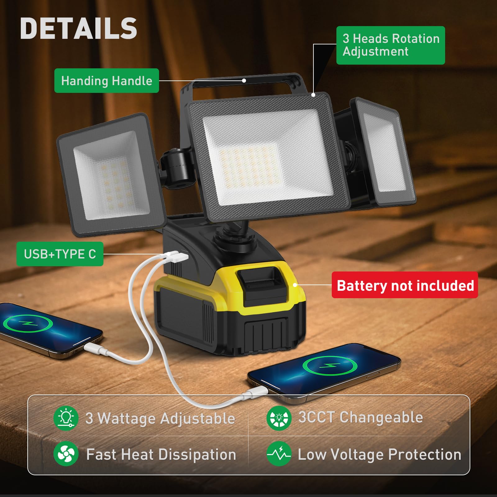 Three-head rotation provides flexible light coverage for ALUSSO work light.