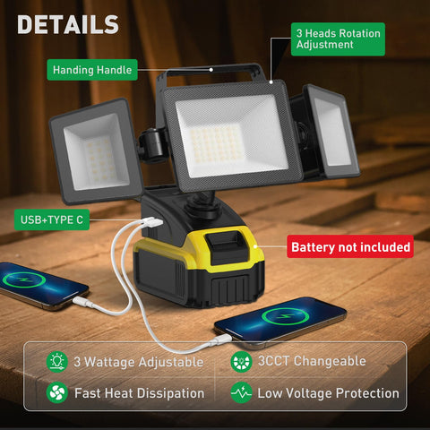 Three-head rotation provides flexible light coverage for ALUSSO work light.