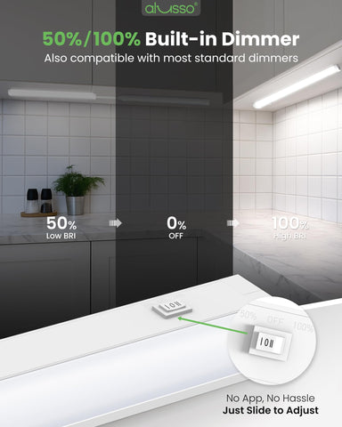 ALUSSO Lighting 18-inch under-cabinet shows dimming and energy control options.
