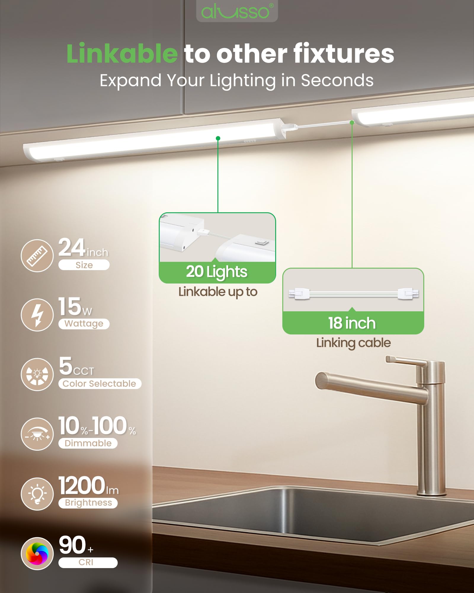ALUSSO Lighting color-selectable 2700K–5000K for adjustable ambience.