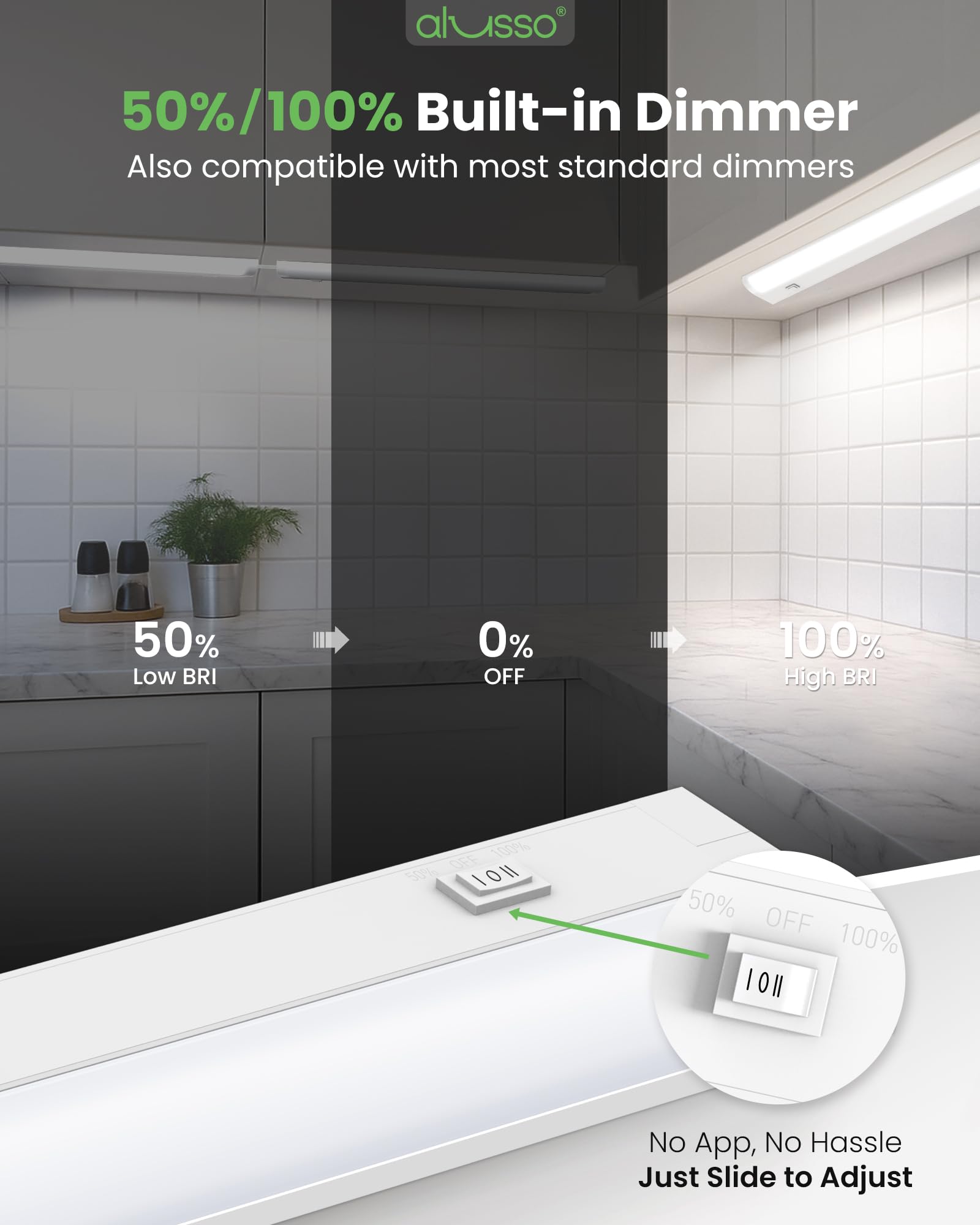 ALUSSO Lighting dimmable with universal dimmer for customizable brightness.