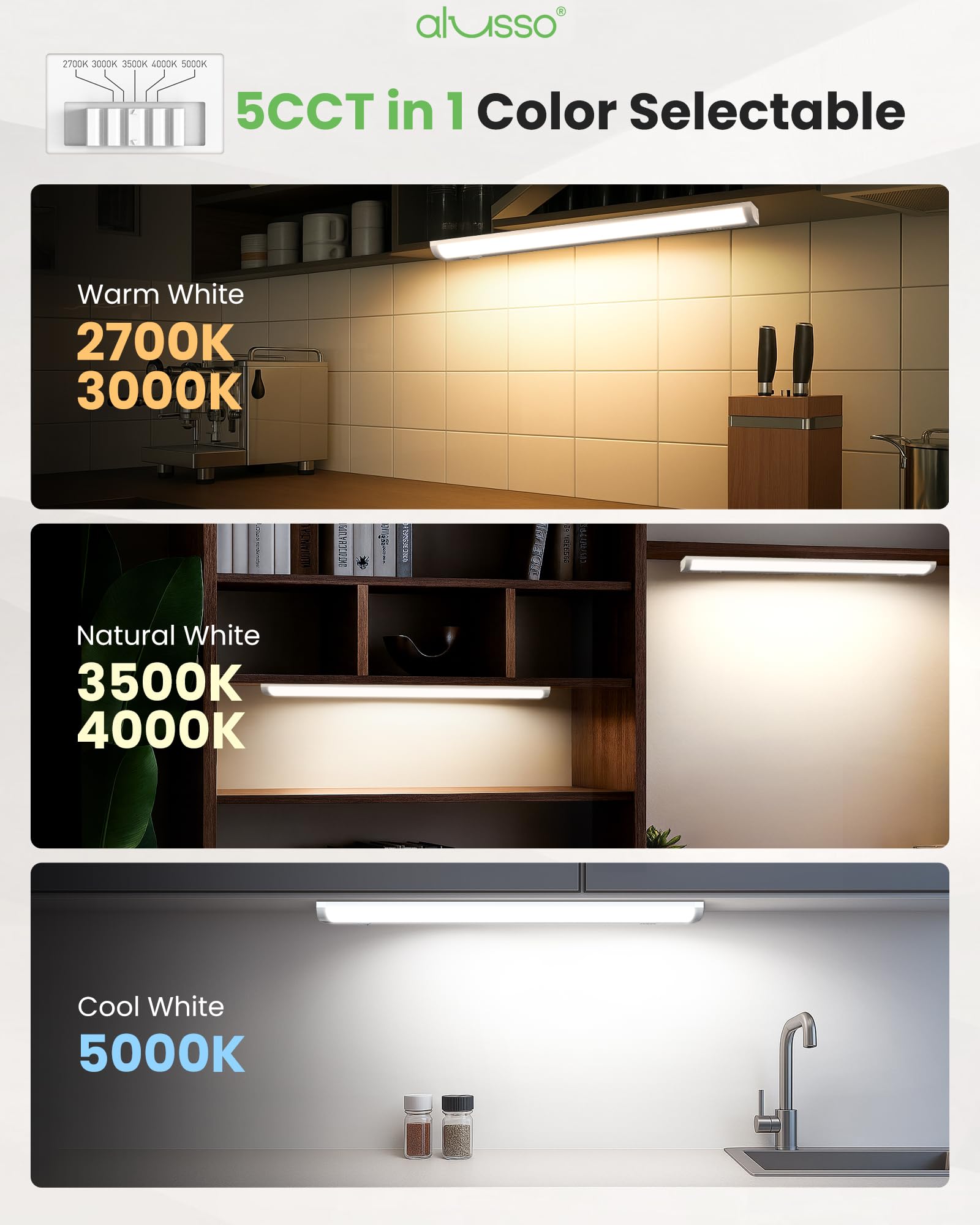 ALUSSO Lighting linkable system to create continuous cabinet lighting layouts.