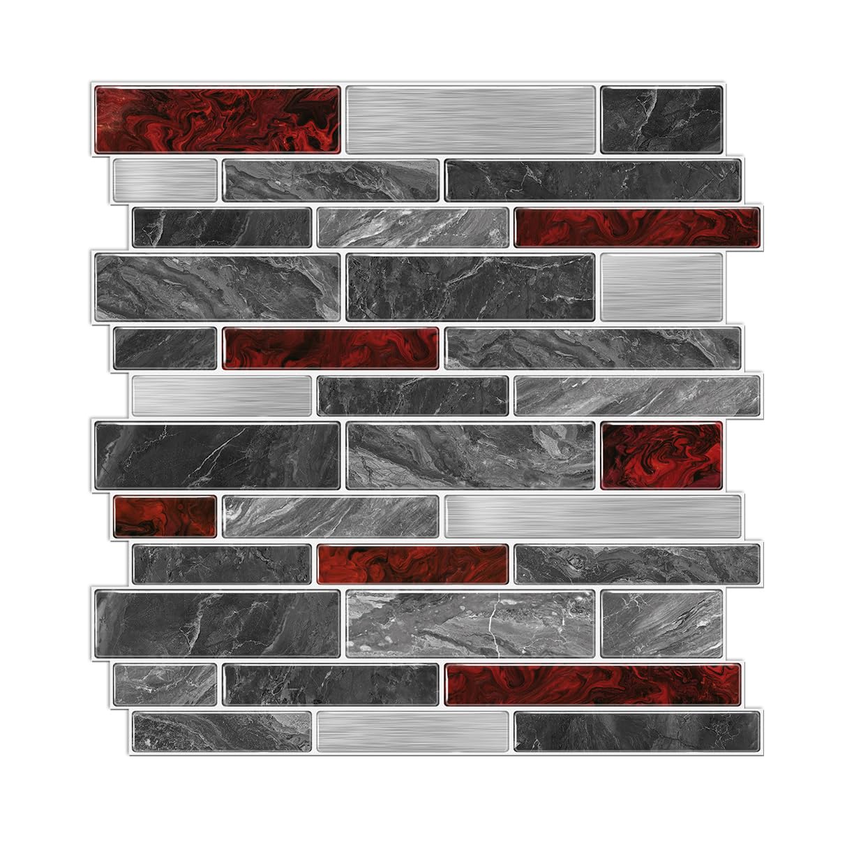 Alwayspon black-red marble vinyl tiles pack for kitchen backsplash with easy peel-and-stick.