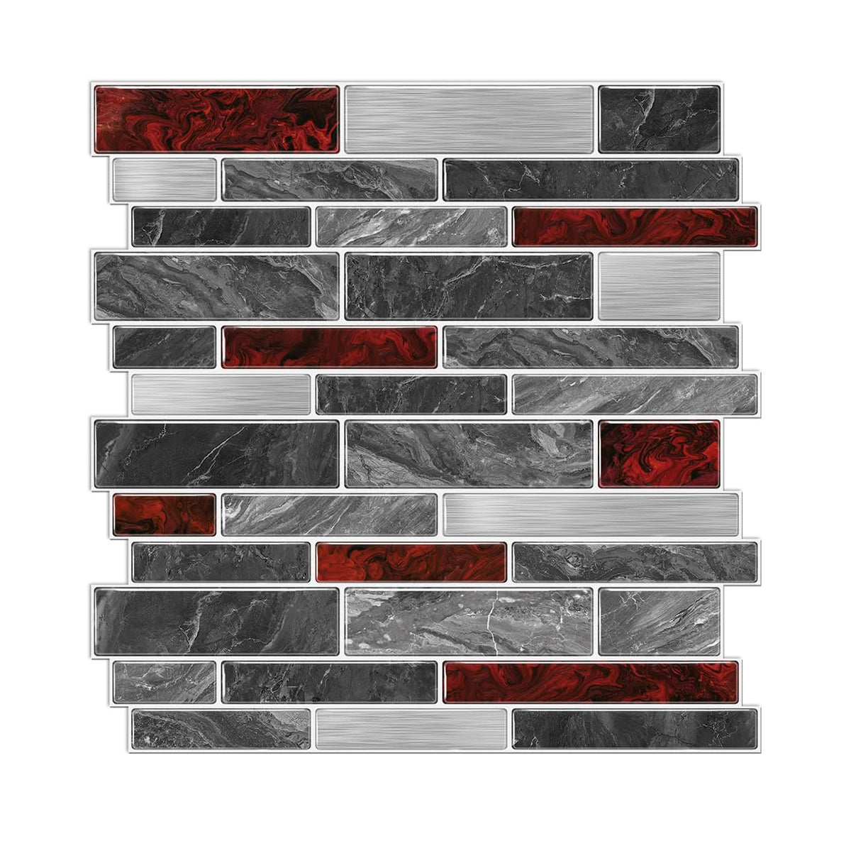 Alwayspon black-red marble vinyl tiles pack for kitchen backsplash with easy peel-and-stick.
