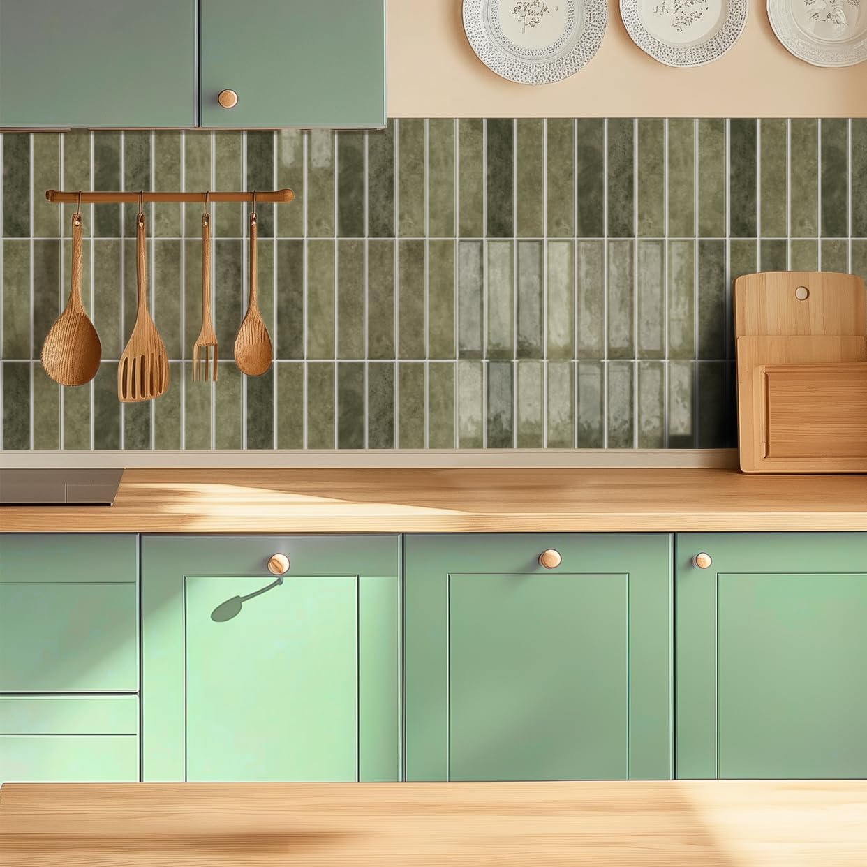 Alwayspon kitchen and bathroom backsplash display with 12x12 inch tiles across a wall.