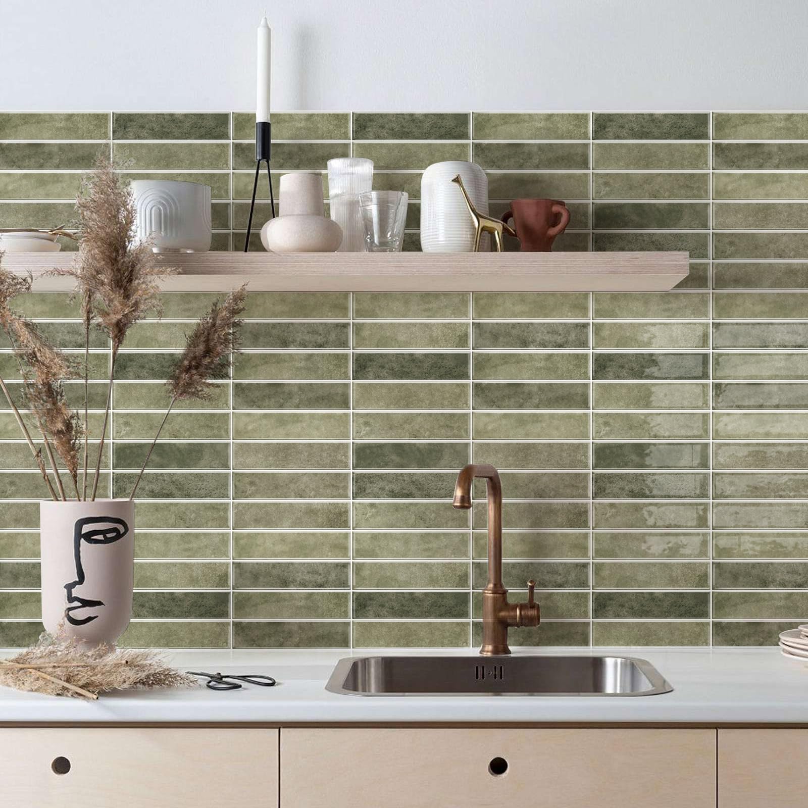 Alwayspon waterproof, oil-proof backsplash tile on wall section, easy to wipe clean.