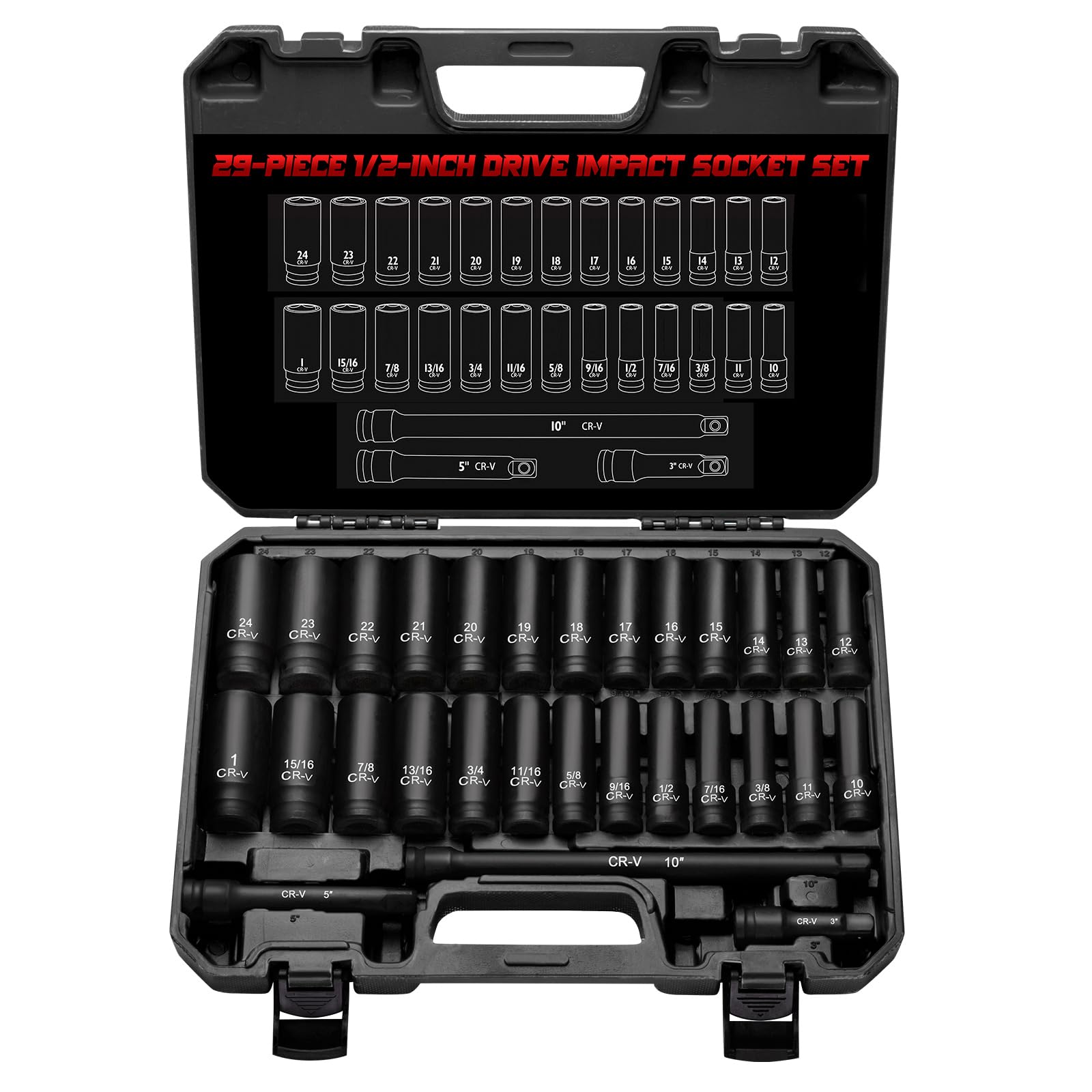 ALWORKKIT 1/2in drive socket set in case showing complete SAE and metric options.