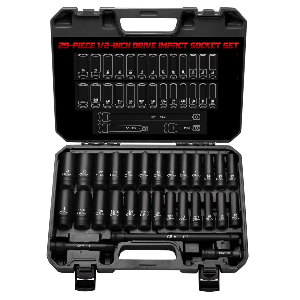 ALWORKKIT 1/2in drive socket set in case showing complete SAE and metric options.